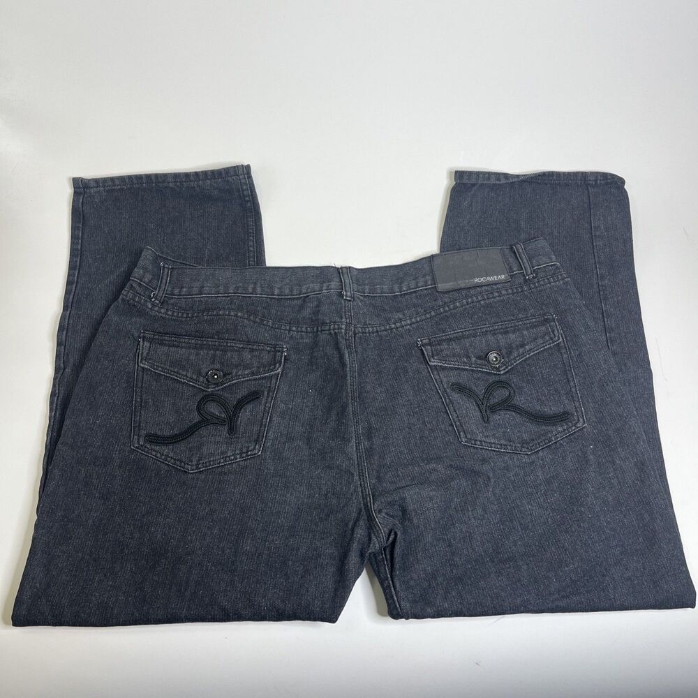VTG Rocawear Classic Fit Jeans Mens 48x32 Black Denim Y2K Wide Leg Baggy